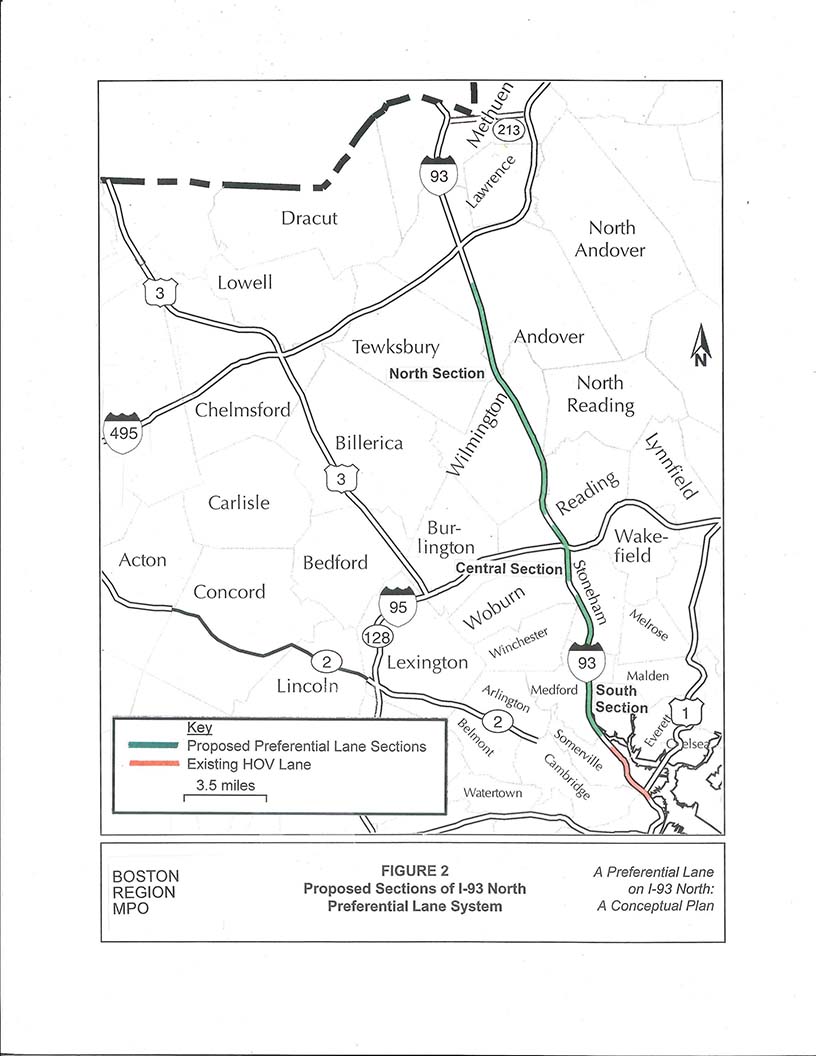 FIGURE 2. Proposed Sections of I-93 North Preferential Lane System
This is a full-page map depicting the proposed sections of I-93 North. The proposed preferential lane sections are delineated in green; the existing HOV lanes are marked in red.
